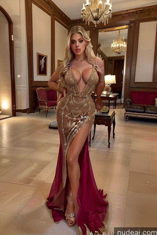 Bimbo FairArguementBut Perfect Boobs Beautiful Lipstick Big Hips 20s Serious Crisp Anime Deep V-Neck Dress Haute Couture V3 Regal Gold Jewelry Detailed Victorian Parlor