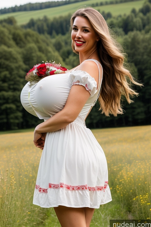 ai nude image of araffe woman in a white dress holding a bouquet of flowers pics of Several Lingerie Model Huge Boobs Perfect Boobs Beautiful Lipstick Big Ass Thick Big Hips 30s Happy Laughing Long Hair Czech Meadow Dress Dirndl