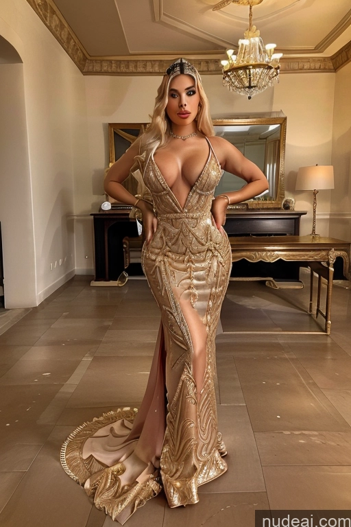 ai nude image of a woman in a gold dress posing for a picture in a room pics of Bimbo FairArguementBut Perfect Boobs Beautiful Lipstick Big Hips 20s Serious Crisp Anime Deep V-Neck Dress Haute Couture V3 Detailed Regal Victorian Parlor Gold Jewelry