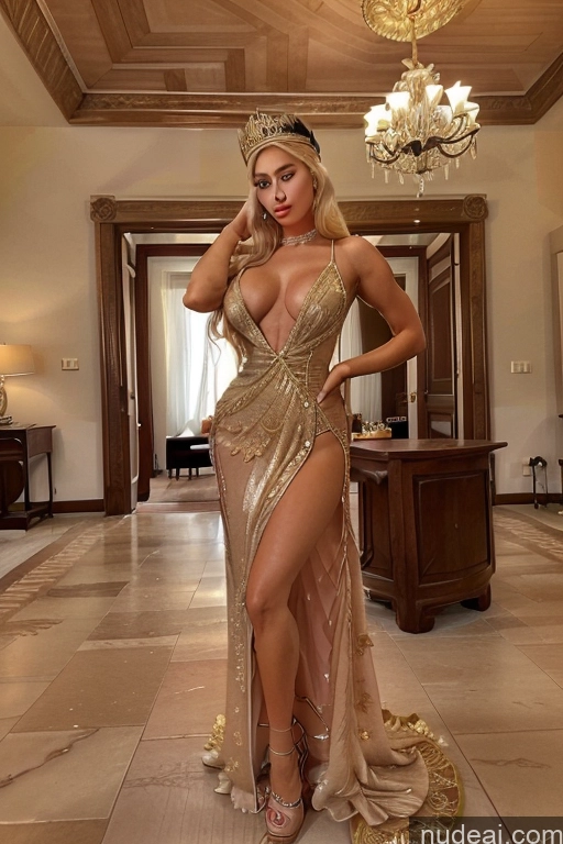 ai nude image of araffe woman in a gold dress posing in a room pics of Bimbo FairArguementBut Perfect Boobs Beautiful Lipstick Big Hips 20s Serious Crisp Anime Deep V-Neck Dress Haute Couture V3 Detailed Regal Gold Jewelry Victorian Parlor