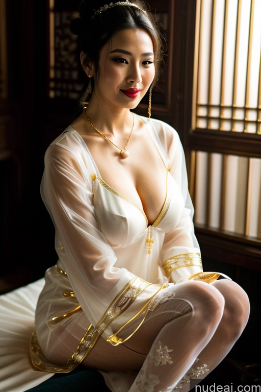 ai nude image of araffed asian woman in a white dress sitting on a bed pics of Busty Perfect Boobs Oiled Body Lipstick Black Hair Hair Bun Onsen Chinese Traditional Clothing: Qing Nv Zhuang Pearl Jewelry Gold Jewelry Stockings Thigh Socks Wedding Beautiful Bright Lighting Sexy Face Transparent Chinese