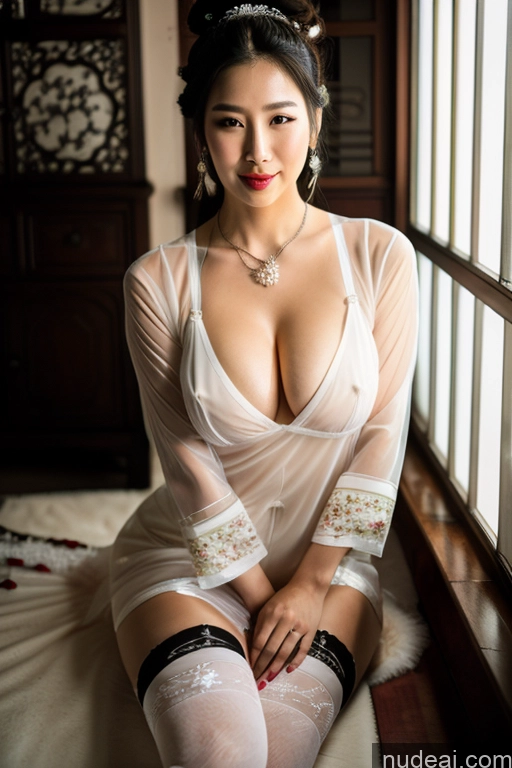 Busty Perfect Boobs Oiled Body Lipstick Black Hair Hair Bun Onsen Chinese Traditional Clothing: Qing Nv Zhuang Pearl Jewelry Stockings Thigh Socks Wedding Beautiful Bright Lighting Sexy Face Transparent Korean Jewelry Partially Nude Cleavage