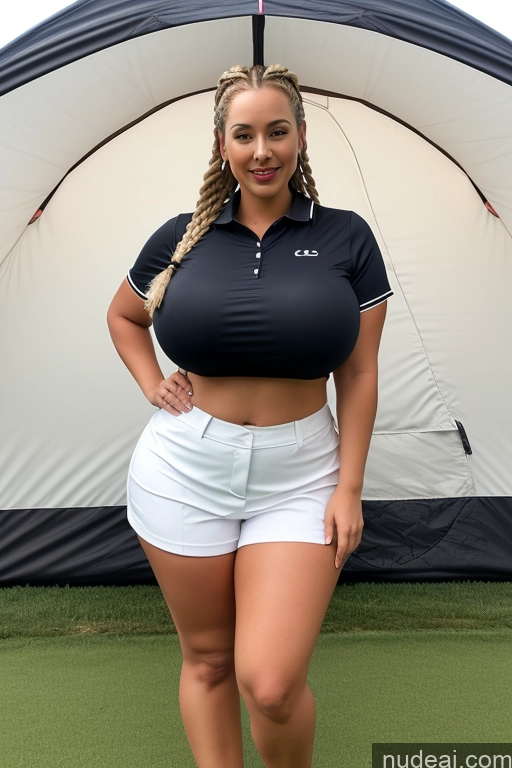 ai nude image of araffe woman in a black shirt and white shorts posing for a picture pics of One Busty Huge Boobs Perfect Boobs Beautiful Big Ass Big Hips Perfect Body Thick Blonde White Braided Woman Golf Lipstick Tent