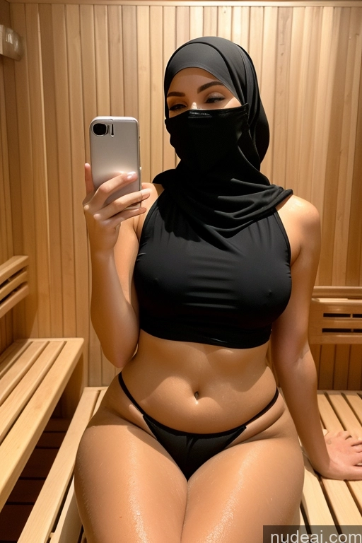 ai nude image of araffe in a black bikini and a black hijab taking a selfie pics of Perfect Boobs Beautiful Big Hips Long Legs Perfect Body Pubic Hair 18 Orgasm Blonde Long Hair Mirror Selfie Front View Bathing Niqab Transparent Spanish Sauna