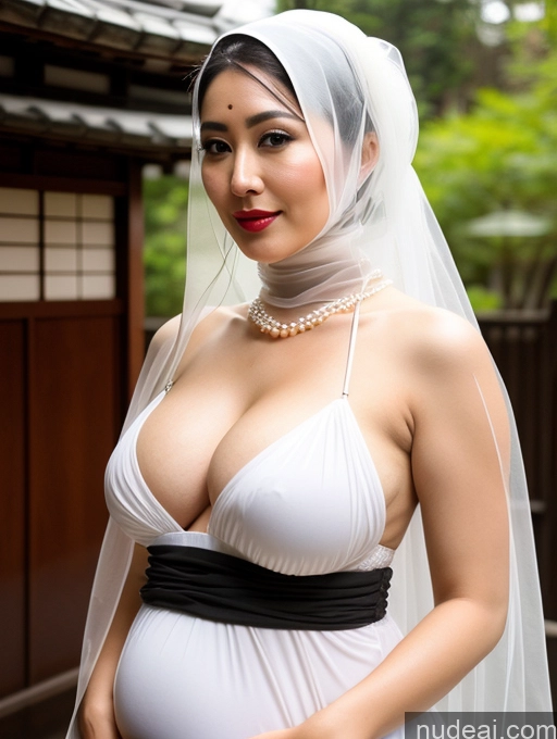 ai nude image of pregnant woman in white dress with veil and pearls posing for picture pics of Busty Perfect Boobs Lipstick Black Hair Onsen Pearl Jewelry Wedding Beautiful Transparent Jewelry Kimono Cleavage Braided Yoga Pants Pregnant Niqab 40s Japanese Fairer Skin