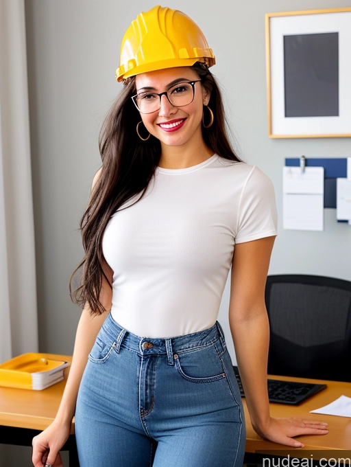 ai nude image of arafed woman in a hard hat and jeans posing for a picture pics of 18 Happy Small Tits Lipstick Small Ass Pubic Hair Fairer Skin Tanned Skin Glasses Perfect Body Front View Long Hair Black Hair Underwear Working Out Jeans Blouse Office Construction Worker