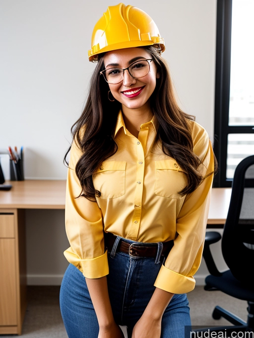 ai nude image of smiling woman in hard hat and glasses sitting on a chair pics of 18 Happy Small Tits Lipstick Small Ass Pubic Hair Fairer Skin Tanned Skin Glasses Perfect Body Front View Long Hair Black Hair Working Out Jeans Blouse Office Construction Worker Secretary Casual