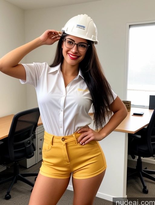 ai nude image of arafed woman in a hard hat and yellow shorts posing for a picture pics of 18 Happy Small Tits Lipstick Small Ass Pubic Hair Fairer Skin Tanned Skin Glasses Perfect Body Front View Long Hair Black Hair Working Out Jeans Blouse Office Construction Worker Secretary Casual Long Legs Tall High Heels