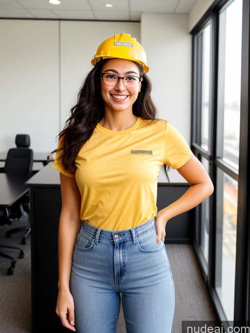 ai nude image of smiling woman in yellow hard hat and jeans standing in an office pics of 18 Happy Small Tits Lipstick Small Ass Pubic Hair Fairer Skin Tanned Skin Glasses Perfect Body Front View Long Hair Black Hair Working Out Jeans Blouse Office Construction Worker Secretary Casual Long Legs Tall High Heels