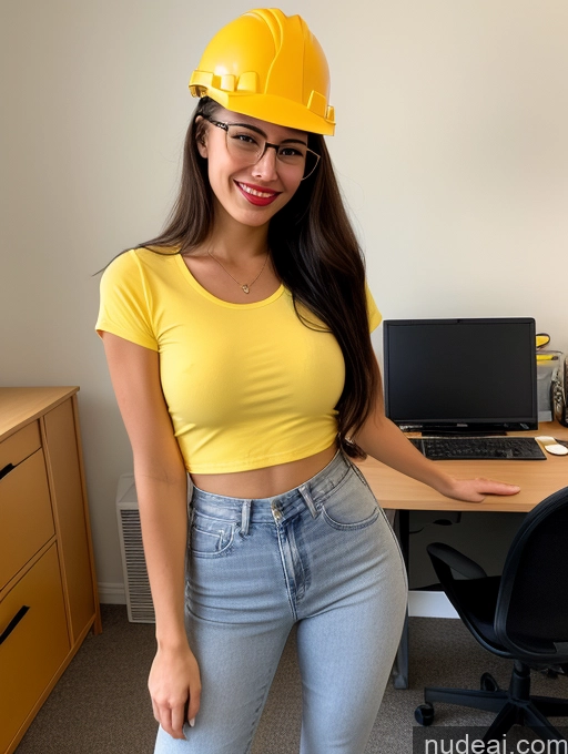 ai nude image of arafed woman in a yellow shirt and jeans posing for a picture pics of 18 Happy Small Tits Lipstick Small Ass Pubic Hair Fairer Skin Tanned Skin Glasses Perfect Body Front View Long Hair Black Hair Working Out Jeans Office Construction Worker Secretary Casual Long Legs Tall High Heels