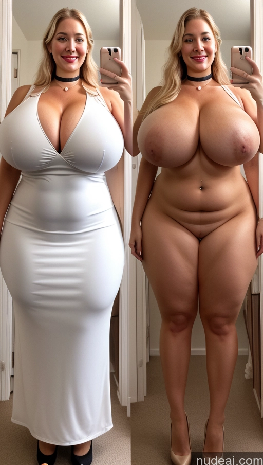 ai nude image of araffe woman in a white dress and a woman in a white dress pics of Model One Busty Huge Boobs Perfect Boobs Beautiful Lipstick Big Ass Thick Chubby Big Hips Long Hair 30s Happy Scandinavian Mirror Selfie Bra Choker Dress Cleavage Pearl Jewelry Onoff