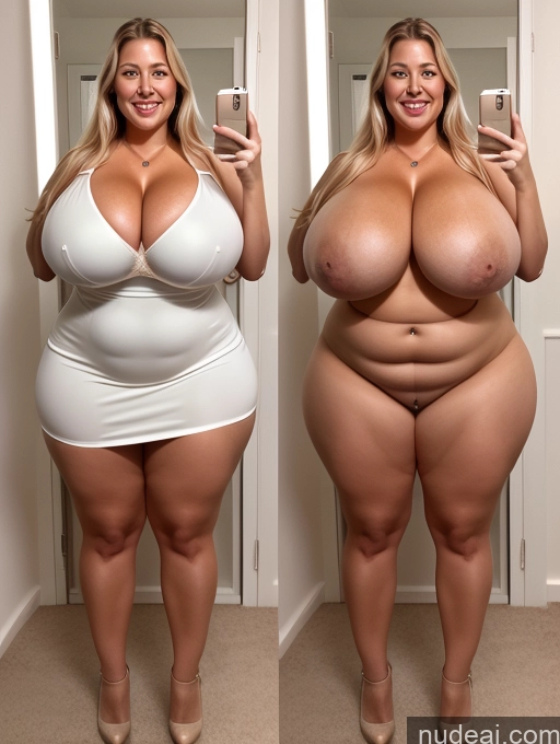 ai nude image of araffe woman in a white dress taking a selfie in a mirror pics of Model One Busty Huge Boobs Perfect Boobs Beautiful Thick Chubby Big Hips 30s Happy Laughing Scandinavian Mirror Selfie Bending Over Bra Dress Cleavage Transparent Pearl Jewelry Bright Lighting Detailed Onoff