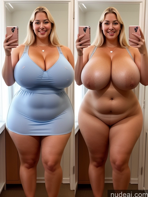 ai nude image of araffe woman taking a selfie in a mirror with a cell phone pics of Model One Busty Huge Boobs Perfect Boobs Beautiful Thick Chubby Big Hips 30s Happy Laughing Scandinavian Mirror Selfie Bra Dress Cleavage Transparent Pearl Jewelry Detailed Onoff