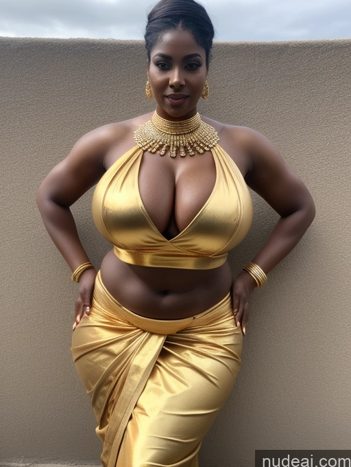 ai nude image of a close up of a woman in a gold dress posing for a picture pics of Huge Boobs Perfect Boobs Big Ass Thick Perfect Body Dark Skin 30s African Gold Jewelry Beautiful Sari