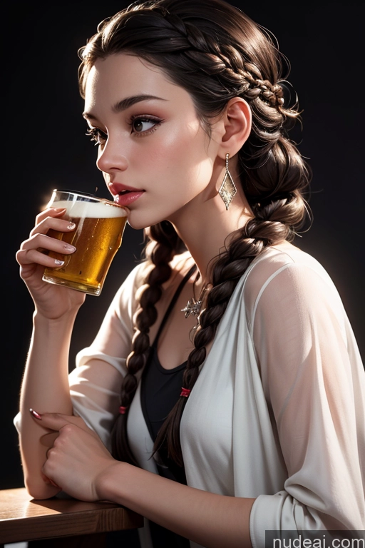 ai nude image of arafed woman drinking a beer from a glass in a dark room pics of Sorority 18 Laughing Brunette White 70s Detailed Beer Jewelry Several Braided Side View Diamond Jewelry Dark Lighting 3d