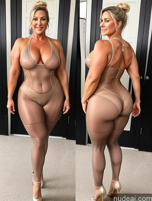 related ai porn images free for Milf Chubby Thick Oiled Body Big Ass Muscular 50s Blonde Hair Bun Suit Transparent High Heels