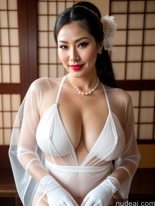 ai nude image of arafed woman in a white dress and white gloves posing for a picture pics of Busty Perfect Boobs Lipstick Black Hair Onsen Pearl Jewelry Beautiful Transparent Jewelry Kimono Cleavage Fairer Skin Stockings Thigh Socks Gloves 60s Ponytail Filipina