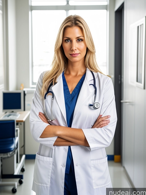 ai nude image of arafed female doctor standing in a hospital hallway with her arms crossed pics of Woman One Busty Beautiful Tall 40s Serious Blonde Long Hair German Hospital Front View Doctor