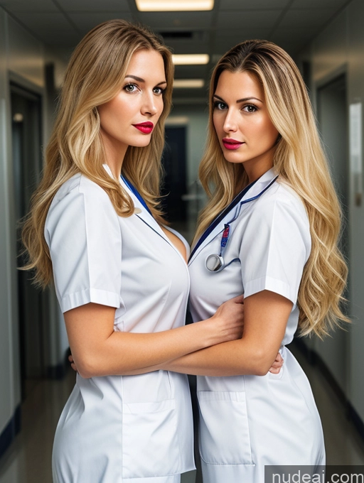 ai nude image of two women in white scrub suits standing in a hallway pics of Woman Busty Beautiful Tall 40s Serious Blonde German Hospital Doctor Perfect Boobs Seductive Lipstick Long Hair Close-up View Two