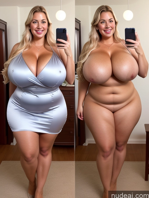 ai nude image of araffe woman in a silver dress taking a selfie with her cell phone pics of Model One Busty Huge Boobs Perfect Boobs Beautiful Thick Chubby Big Hips 30s Happy Laughing Scandinavian Mirror Selfie Bra Dress Cleavage Transparent Pearl Jewelry Onoff Satin