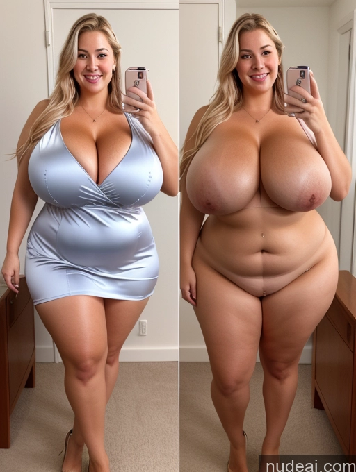 ai nude image of araffe woman in a blue dress taking a selfie with her cell phone pics of Model One Busty Huge Boobs Perfect Boobs Beautiful Thick Chubby Big Hips 30s Happy Laughing Scandinavian Mirror Selfie Bra Dress Cleavage Transparent Pearl Jewelry Onoff Satin