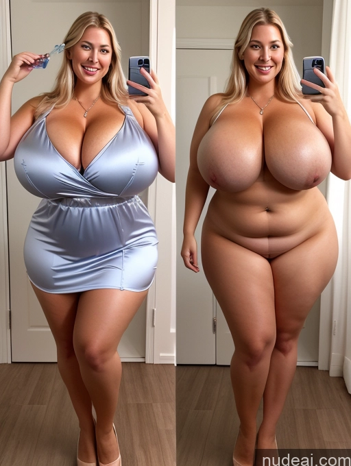 ai nude image of araffe woman in a silver dress taking a selfie with her cell phone pics of Model One Busty Huge Boobs Perfect Boobs Beautiful Thick Chubby Big Hips 30s Happy Laughing Scandinavian Mirror Selfie Bra Dress Cleavage Transparent Pearl Jewelry Onoff Satin