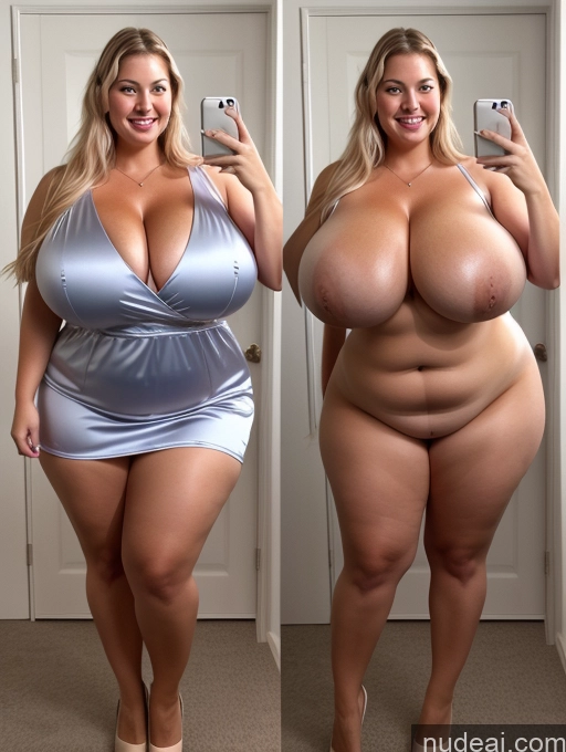 ai nude image of araffe woman in a silver dress taking a selfie with her cell phone pics of One Busty Huge Boobs Perfect Boobs Beautiful Thick Chubby Big Hips 30s Happy Laughing Scandinavian Mirror Selfie Bra Dress Cleavage Transparent Pearl Jewelry Onoff Satin