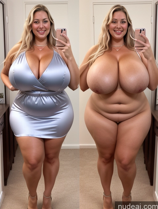 ai nude image of araffe woman in a silver dress taking a selfie in a mirror pics of One Busty Huge Boobs Perfect Boobs Beautiful Thick Chubby Big Hips 30s Happy Laughing Scandinavian Mirror Selfie Bra Dress Cleavage Transparent Pearl Jewelry Onoff Satin