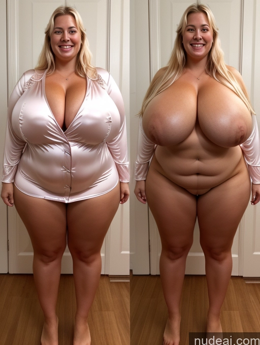 ai nude image of arafed woman in a pink shirt and a woman in a white shirt pics of One Busty Huge Boobs Beautiful Thick Chubby 30s Happy Laughing Scandinavian Dress Cleavage Transparent Pearl Jewelry Onoff Satin Onesie