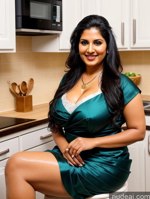 ai nude image of there is a woman sitting on a stool in a kitchen pics of Milf One Perfect Boobs Beautiful Busty Big Ass Chubby Long Legs Big Hips Perfect Body Fairer Skin Tanned Skin 30s Happy Black Hair Long Hair Indian 3d Kitchen Front View Bathing Cleavage Traditional Sari