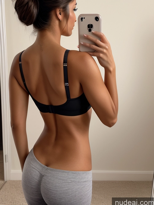 ai nude image of araffe woman taking a selfie in a mirror with her cell phone pics of Perfect Boobs Perfect Body Tanned Skin Short 18 Black Hair Hair Bun Bright Lighting Detailed Mirror Selfie Pregnant Bra Yoga Pants Front View Seductive