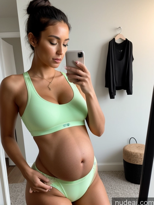 ai nude image of pregnant woman in green underwear taking a selfie in front of mirror pics of Perfect Boobs Perfect Body Tanned Skin Short 18 Black Hair Hair Bun Bright Lighting Detailed Mirror Selfie Pregnant Bra Yoga Pants Serious Sad Full Frontal