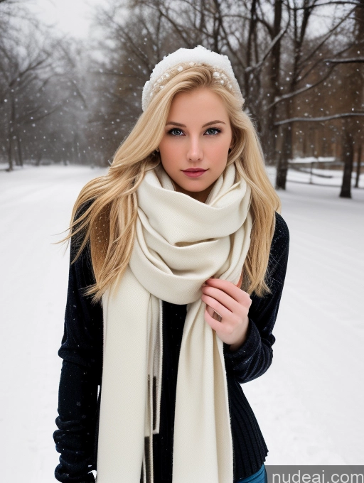 ai nude image of blond woman wearing a white scarf and hat in the snow pics of One Small Tits Beautiful Skinny Soft + Warm Jewelry 18 Fairer Skin Seductive Blonde Long Hair Swedish Lingerie Model Scarf Snow