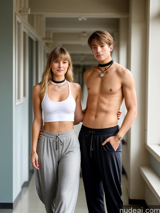 ai nude image of there are two people standing next to each other in a hallway pics of Woman + Man Small Tits Small Ass Skinny Perfect Boobs School Hallway 18 Blonde Bangs White Choker Tank Top Harem Pants