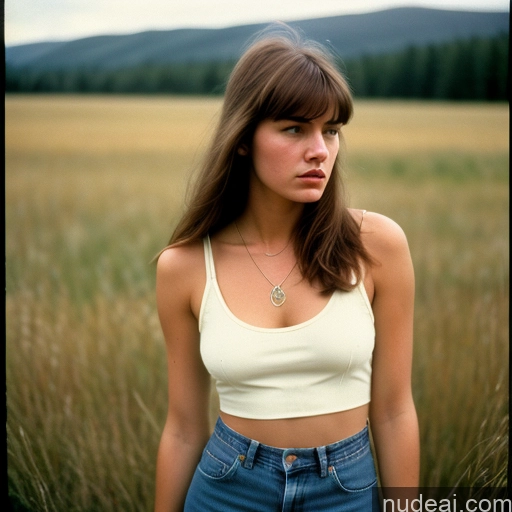 ai nude image of there is a woman standing in a field of tall grass pics of Sorority One 18 Angry Brunette White Vintage 70s Jeans Jewelry Detailed Tank Top Bangs Meadow Jeans Undone