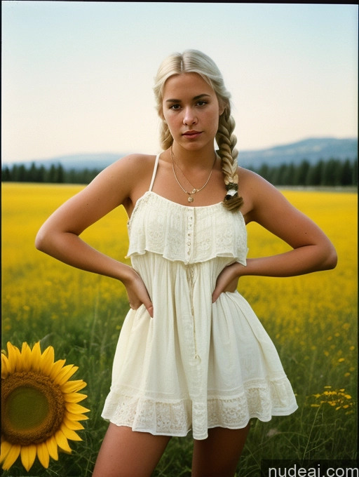 ai nude image of blond woman in white dress standing in field of yellow flowers pics of Sorority One 18 White Meadow 70s Jewelry Detailed Serious Vintage Pigtails Blonde Boots Sundress Billie Eilish