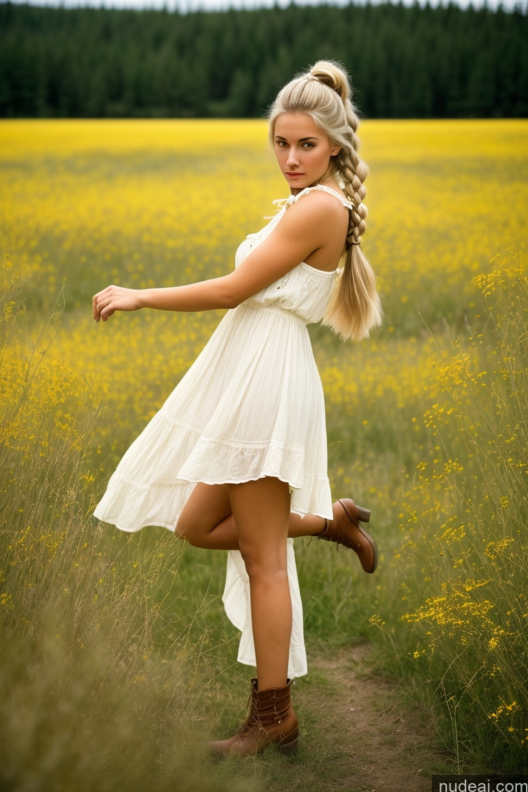 ai nude image of araffe woman in a white dress standing in a field of yellow flowers pics of Sorority One 18 White Meadow 70s Jewelry Detailed Serious Vintage Pigtails Blonde Boots Sundress Billie Eilish