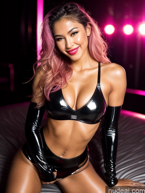 ai nude image of arafed woman in latex posing on a bed in a room pics of Miss Universe Model One Perfect Boobs Beautiful Tattoos Lipstick Muscular Perfect Body 18 Orgasm Happy Messy Filipina Front View Spreading Legs Latex Transparent Pink Hair Bright Lighting Club