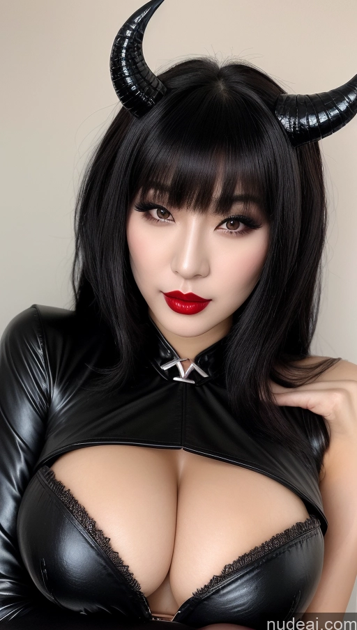 ai nude image of araffe with horns and a black dress posing for a picture pics of Beautiful Lipstick Huge Boobs Sexy Face Seductive Black Hair Slicked Korean Close-up View Devil