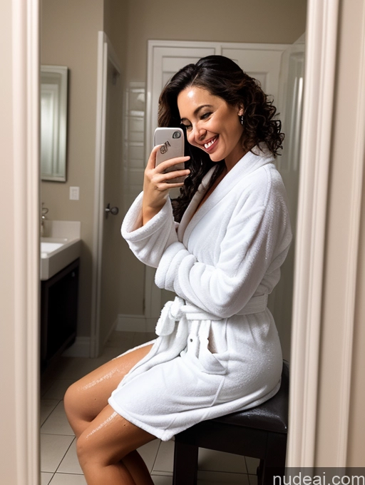 ai nude image of araffe woman in a bathrobe taking a selfie in a bathroom pics of Woman One Chubby 50s Happy Brunette Curly Hair French Mirror Selfie Bathroom Side View Bathing Bathrobe Dark Lighting Detailed Transparent