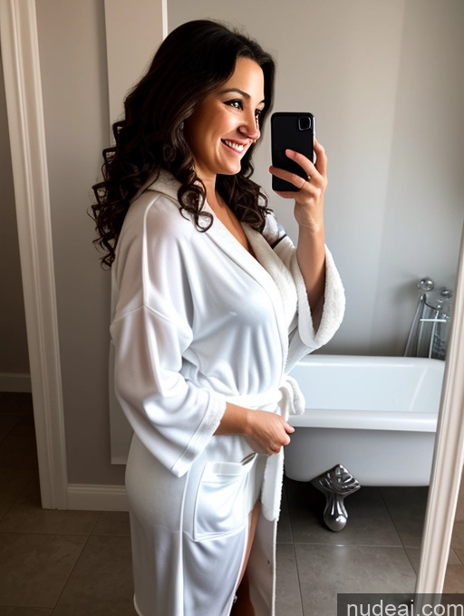 ai nude image of araffe woman in white robe taking a selfie in bathroom pics of Woman One Chubby 50s Happy Brunette Curly Hair French Mirror Selfie Bathroom Side View Bathrobe Dark Lighting Detailed Transparent