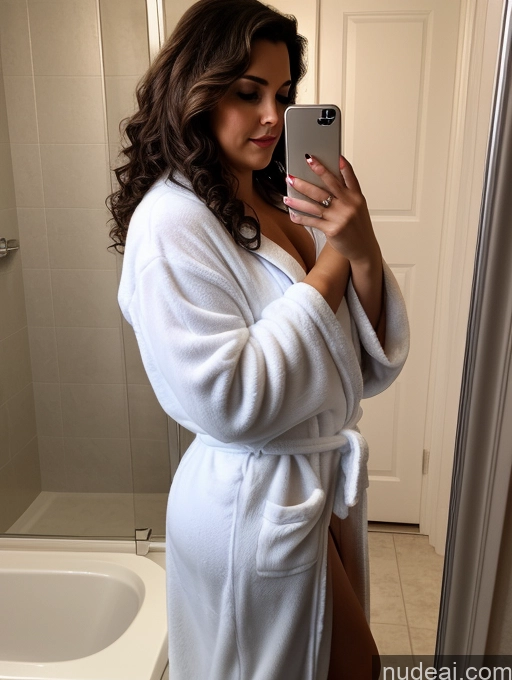 ai nude image of araffe woman in a robe taking a selfie in a bathroom pics of Woman One Chubby Brunette Curly Hair French Mirror Selfie Bathroom Side View Bathrobe Dark Lighting Detailed Transparent Fat 60s Seductive