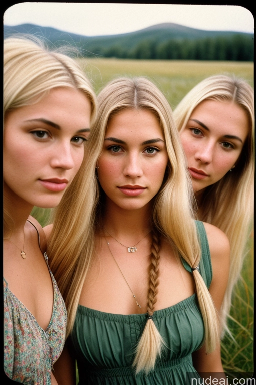 ai nude image of three women standing in a field with a mountain in the background pics of Sorority 18 Serious Blonde Pigtails White Vintage Meadow 70s Boots Sundress Jewelry Detailed Several Sexy Face