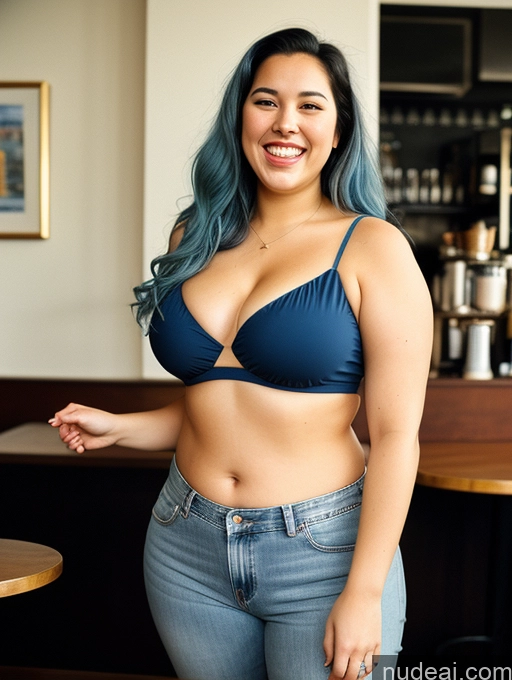 related ai porn images free for Woman Chubby Big Hips Big Ass Blue Hair 20s White 70s Crop Top Jeans Cleavage Front View Long Hair Cafe Eating Happy Laughing Film Photo