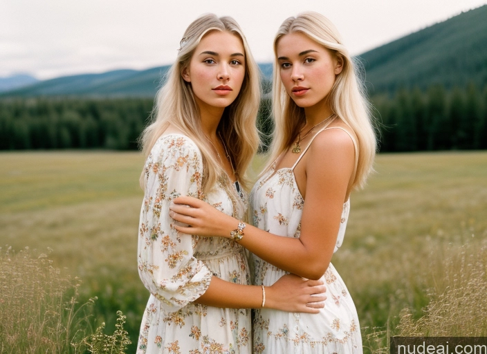 ai nude image of two women standing in a field of tall grass with mountains in the background pics of Sorority 18 Blonde White Vintage Meadow 70s Boots Sundress Jewelry Detailed Sexy Face Long Hair Two