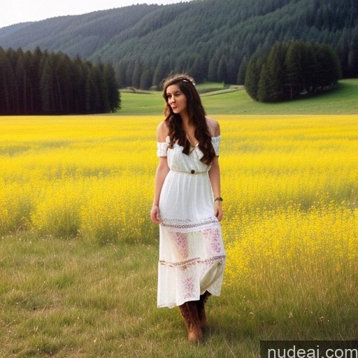 ai nude image of araffe woman in a white dress standing in a field of yellow flowers pics of Sorority 18 White Vintage Meadow 70s Boots Sundress Jewelry Detailed Sexy Face Long Hair Two Kisses Brunette