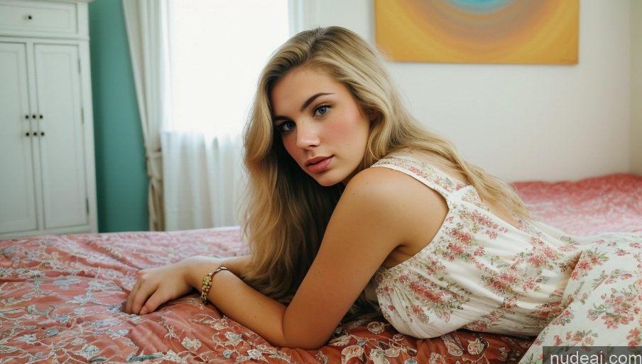 ai nude image of blond woman laying on bed with pink bedspread and floral dress pics of Sorority 18 White Vintage 70s Boots Sundress Jewelry Detailed Sexy Face Long Hair Blonde Several Bedroom Fellatio (Side View)