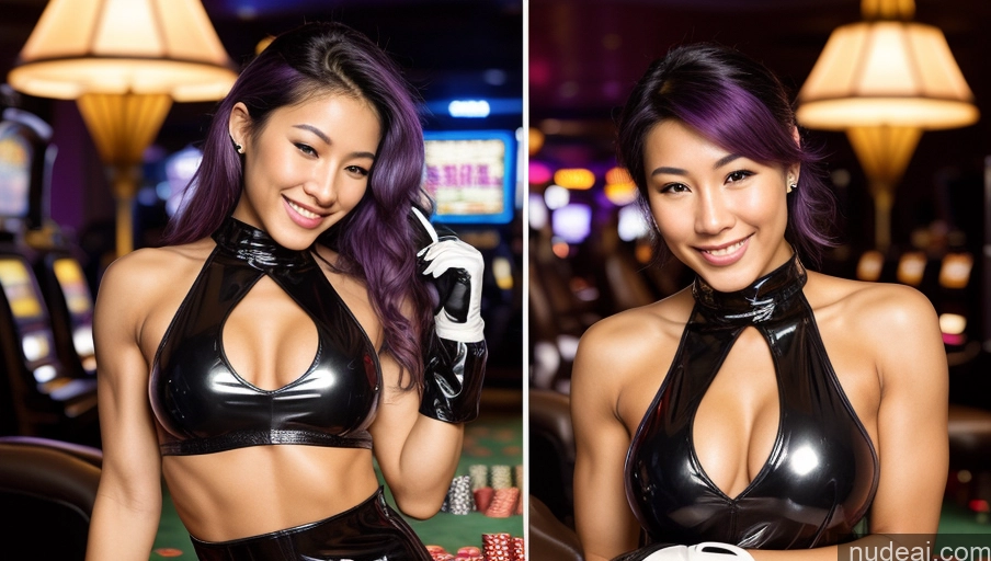 ai nude image of there are two pictures of a woman in a latex outfit pics of Woman Beautiful Muscular Skinny Perfect Body 18 Happy Orgasm Front View Bright Lighting Messy Gloves One Latex Dress Small Tits Small Ass Purple Hair Filipina Casino