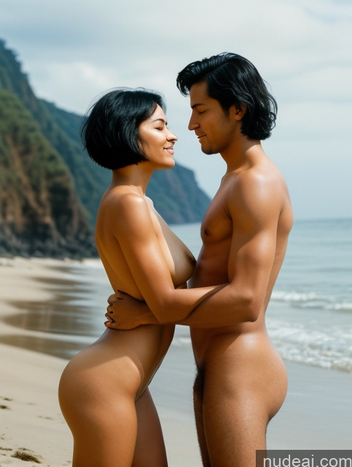 ai nude image of they are two people standing on the beach together pics of Perfect Boobs Beautiful Big Ass Long Legs Pubic Hair Dark Skin 30s Orgasm Seductive Latina Film Photo T-pose Nude Woman + Man Two Black Hair Short Hair Beach Side View