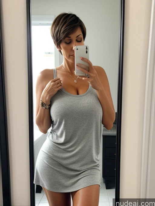 ai nude image of araffe woman taking a selfie in a mirror in a bathroom pics of Milf One Huge Boobs Big Ass 40s Serious Brunette Short Hair German Mirror Selfie Close-up View Casual Alternative Bathroom